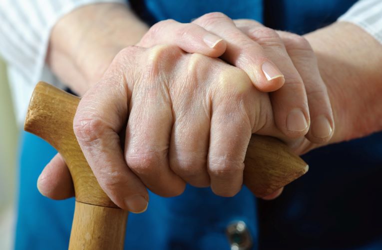 a pair of hands on a cane