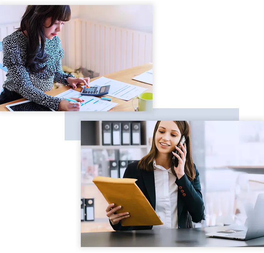 a woman with a calculator and a woman with an envelope