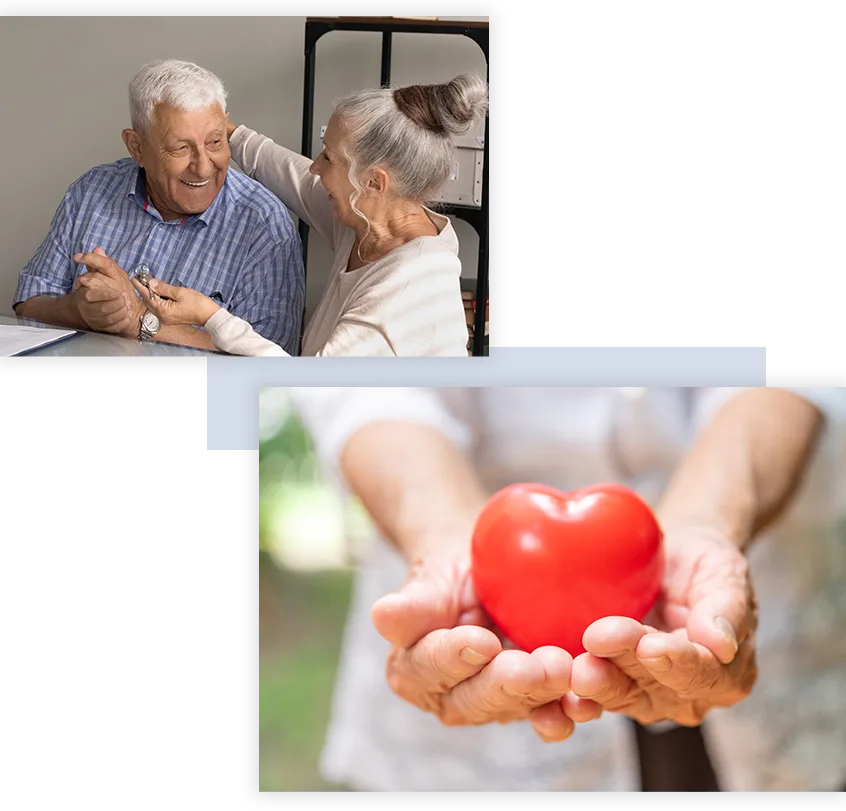 a woman giving her husband a gift and older hands holding a stuffed heart pillow