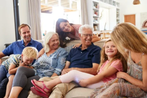 a family gathered on a couch together