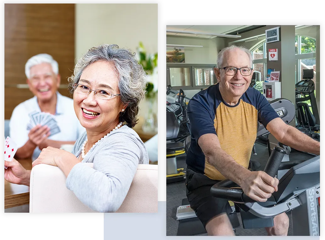 Man riding exercise bike and people playing cards